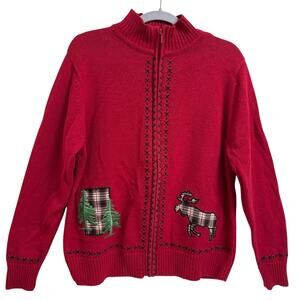 Bechamel Vintage 90s Womens L Red Christmas Sweater Moose Trees Zip Cardigan